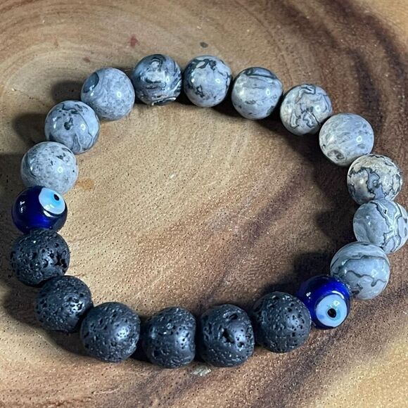 Picasso jasper lava evil eye 10mm stretch bracelet beaded bracelet 7” stretch cr - Picture 5 of 7